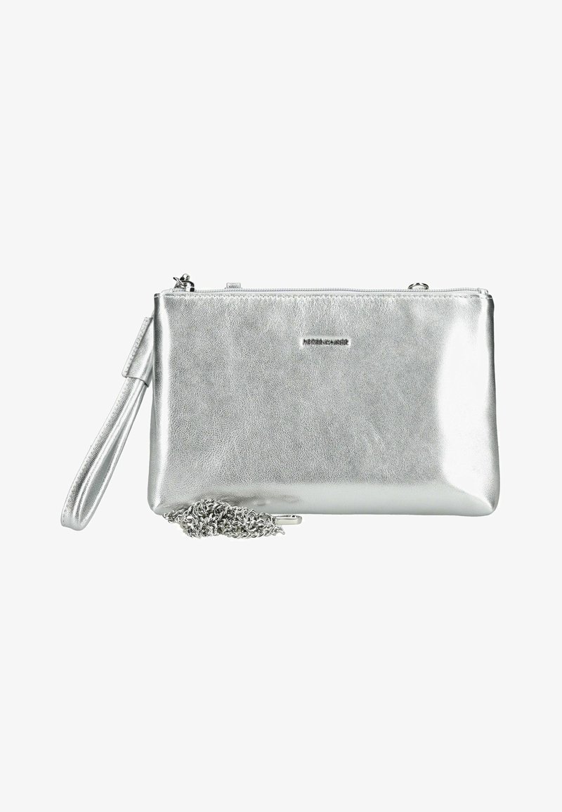 Silver rectangular wristlet clutch bag with zipper closure and detachable chain strap on white background.