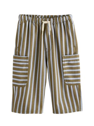 Knee-length shorts with vertical olive and white stripes, elastic waistband with beige drawstring, and two rectangular side cargo pockets with horizontal stripes.