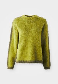 Φουντωτό πράσινο πουλόβερ με χαλαρή εφαρμογή. Διαθέτει σκούρους πράσινους τόνους κατά μήκος του ρελαντί και των μανικιών, αναδεικνύοντας ένα μαλακό, υφασματοποιημένο υλικό.