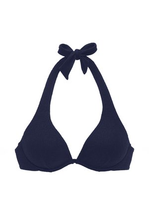 Marineblaues Neckholder-Bikinioberteil mit texturierter Oberfläche, dreieckigen Cups und einer Schleifendetail am Nacken für eine verstellbare Passform.