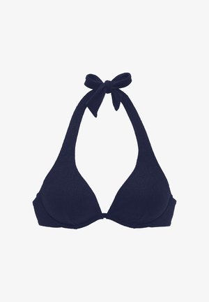 Marineblaues Neckholder-Bikinioberteil mit texturierter Oberfläche, dreieckigen Cups und einer Schleifendetail am Nacken für eine verstellbare Passform.