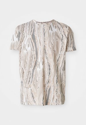 Short-sleeve shirt in a lightweight, textured fabric featuring a wave pattern in beige, gray, and cream tones with varying line thicknesses.