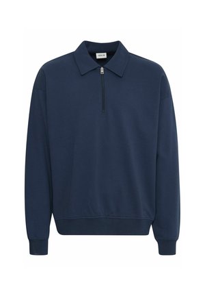 Marineblå pullover med lynlås krave, lange ærmer, ribbede manchetter og kant. Fremstillet af et glat, strækbart stof.
