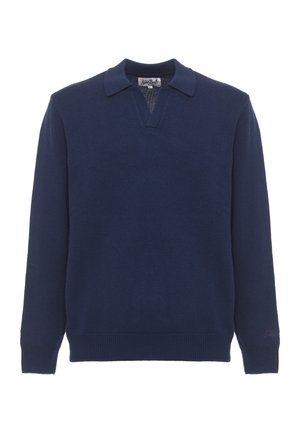 Maglione a maniche lunghe in maglia blu navy con colletto polo e scollo a V, polsini e orlo a coste, e un piccolo logo sulla manica sinistra.