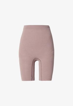 High-waisted, light mauve seamless shapewear shorts with mid-thigh length designed for body contouring and comfort.