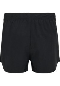 Schwarze Sportshorts mit einem elastischen Bund, weichem Material und lockerem Schnitt, ausgestattet mit seitlichen Schlitzen am Saum für mehr Bewegungsfreiheit.