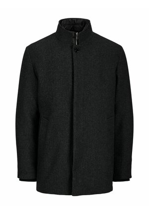 Manteau en laine noire pour homme avec un col montant, une fermeture éclair frontale cachée par un rabat à boutons et des poches latérales.