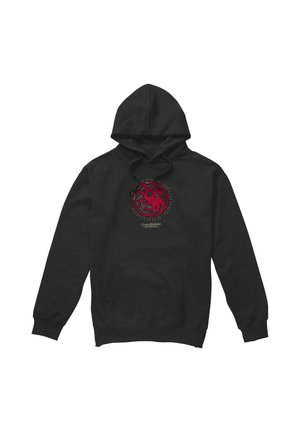 Black hoodie with a red three-headed dragon emblem and "Game of Thrones" text centered on the chest, featuring a front pocket and drawstring hood.