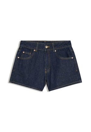 Donkerblauwe denim short met knopen en ritssluiting aan de voorkant, vijfzakkenstijl en koperen klinknagels op de zakken.