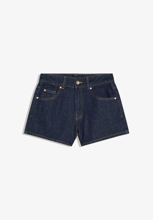 Donkerblauwe denim short met knopen en ritssluiting aan de voorkant, vijfzakkenstijl en koperen klinknagels op de zakken.