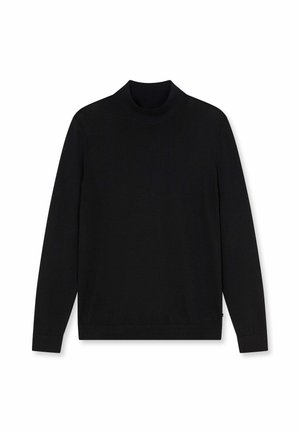 Maglione nero a manica lunga con collo alto e rotondo, polsini e orlo a coste, mostrato disteso su sfondo bianco.