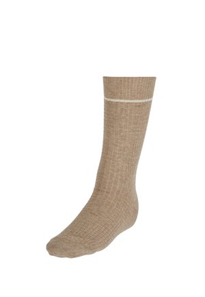 Beige gerippte Socke mit einem strukturierten Muster und einem weißen horizontalen Streifen an der Oberkante. Die Socke hat eine enge Passform und ein glattes Material.