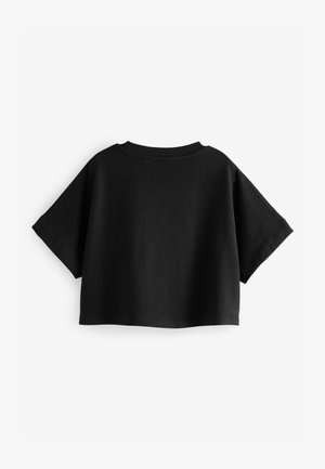 Schwarzes, gekürztes T-Shirt mit lockerer Passform, kurzen Ärmeln und rundem Ausschnitt. Hergestellt aus weichem, glattem Stoff in uni-Farbe.