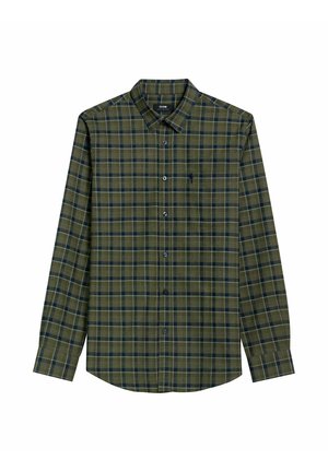 Zielona koszula w kratę wykonana z tkaniny, z kołnierzykiem na guziki, długimi rękawami, pojedynczą kieszenią na piersi oraz niebieskimi akcentami w wzorze.