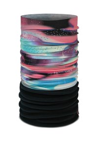 Multi-functional neck gaiter made of stretchy fabric, featuring a colorful, galaxy-themed pattern with a blend of pink, blue, and black tones.