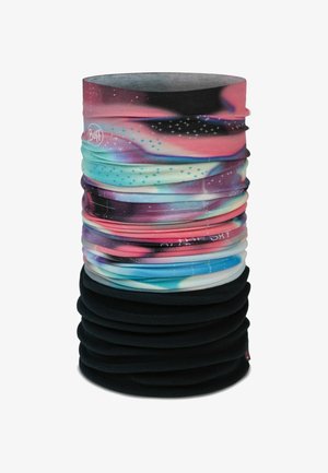 Gaiter de cuello multifuncional hecho de tela elástica, que presenta un colorido patrón inspirado en la galaxia con una mezcla de tonos rosas, azules y negros.