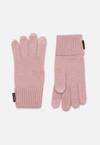 Stickade handskar i mjuk rosa färg, med ribbad manschett och femfingerdesign. Inkluderar en liten svart etikett med varumärkesnamnet.