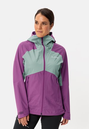 Purple and teal windbreaker jacket featuring a zip front, adjustable hood, and zipped side pockets. Made from lightweight, water-resistant material.
