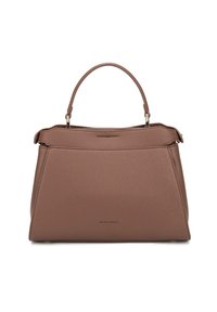 Borsa a mano in pelle marrone con una finitura testurizzata, forma strutturata e manico superiore. Presenta un design semplice e minimi dettagli hardware.