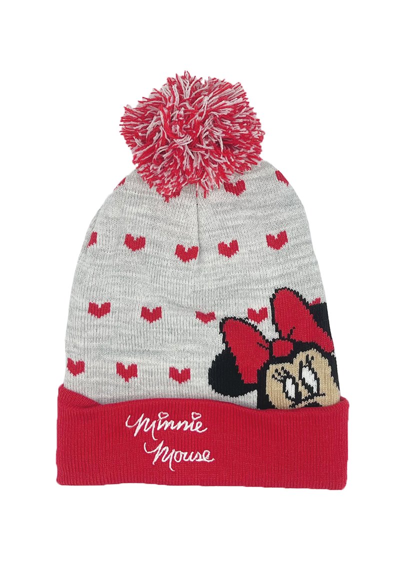 Chapeau gris tricoté avec des cœurs rouges, présentant un revers rouge avec de la broderie "Minnie Mouse" et un pompon rouge et blanc sur le dessus.