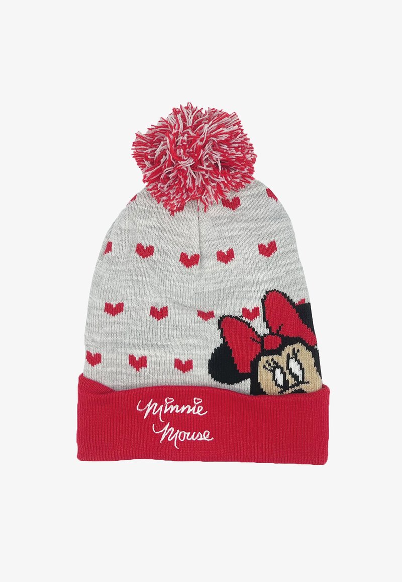 Cappello lavorato a maglia grigio con cuori rossi, dotato di un bordo rosso con ricamo "Minnie Mouse" e un pompon rosso e bianco sulla parte superiore.