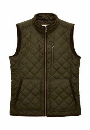 Prešívaná olivovo zelená bezrukávová vesta s predným zipsom, vreckom na hrudi so zipsom a dvoma veľkými prednými sakovými vreckami, s tmavohnedými detailami.