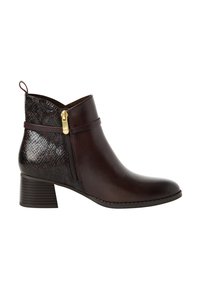 Bottine en cuir marron foncé avec petit talon bloc, fermeture éclair latérale avec tirette dorée, et motif texturé peau de serpent au niveau du talon et à l’arrière.