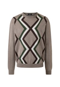 Brauner Pullover mit großem geometrischem Rauten-Muster in Grün, Weiß und Dunkelbraun, mit einem runden Halsausschnitt sowie gerippten Bündchen und Saum.