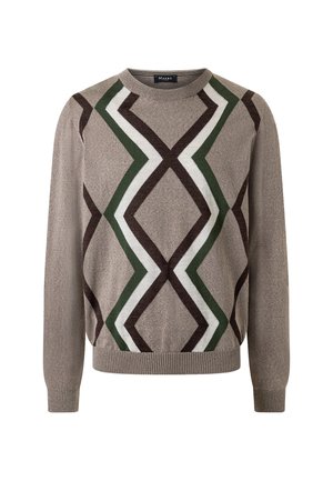 Brauner Pullover mit großem geometrischem Rauten-Muster in Grün, Weiß und Dunkelbraun, mit einem runden Halsausschnitt sowie gerippten Bündchen und Saum.
