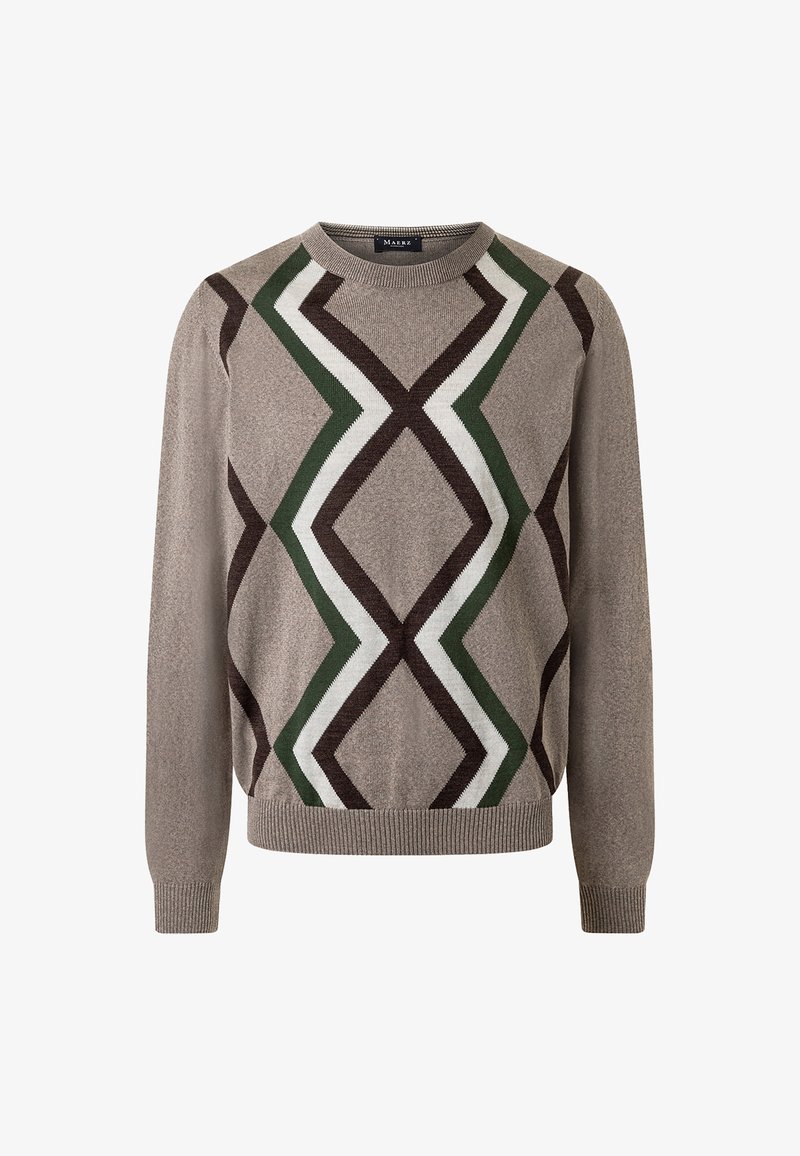 Brauner Pullover mit großem geometrischem Rauten-Muster in Grün, Weiß und Dunkelbraun, mit einem runden Halsausschnitt sowie gerippten Bündchen und Saum.