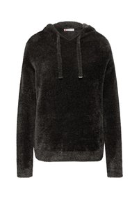 Felpa con cappuccio grigia scura dal texture morbido e peluche. Presenta un collo a V, cordoncini con estremità metalliche e una vestibilità rilassata.