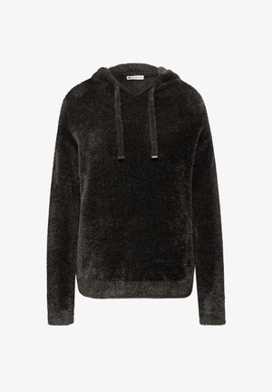 Sweat-shirt à capuche gris foncé avec une texture douce et pelucheuse. Caractéristiques : col en V, cordons avec extrémités métalliques et coupe décontractée.