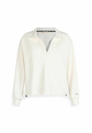 Maglietta bianca a maniche lunghe con colletto, caratterizzata da un colletto interno testurizzato e orli laterali regolabili per personalizzare la vestibilità.