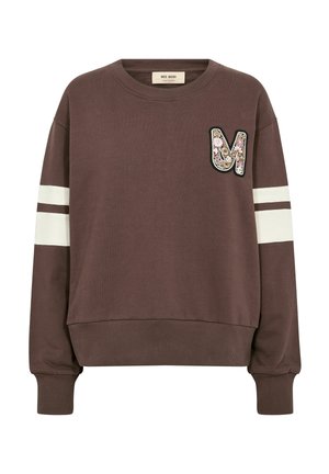 Sudadera marrón con rayas blancas en las mangas y parche bordado floral en forma de "M" en el pecho, puños y dobladillo acanalados.