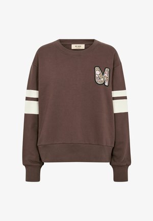 Sudadera marrón con rayas blancas en las mangas y parche bordado floral en forma de "M" en el pecho, puños y dobladillo acanalados.