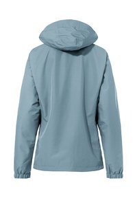 Light blue jacket with a hood, featuring a smooth texture, elastic cuffs, and a simple design. No visible hardware or patterns.