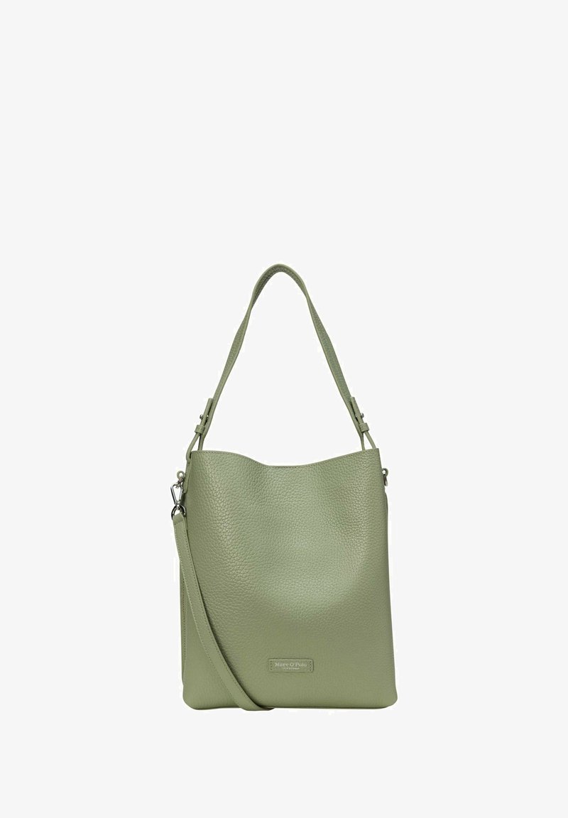 Light green textured leather shoulder bag with adjustable strap and silver hardware, rectangular shape with soft top edge.