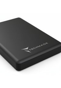 Hard disk portatile nero con superficie liscia opaca, bordi arrotondati e logo "Techmade" argentato nell'angolo in alto a destra.