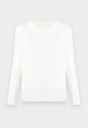 T-shirt blanc à manches longues en tissu doux, avec un col rond et une coupe droite à l'ourlet, sans motifs ni éléments visibles.