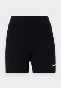 Shorts de sport noirs en tissu extensible avec une taille haute. Présente un petit logo Nike blanc sur le côté gauche. Texture lisse.