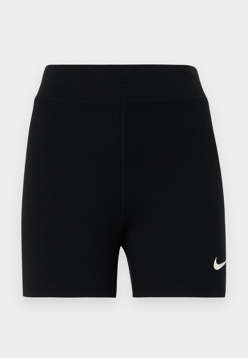 Shorts de sport noirs en tissu extensible avec une taille haute. Présente un petit logo Nike blanc sur le côté gauche. Texture lisse.