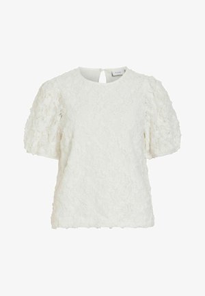 Witte kortärmelige blouse met bloemmotief en textuur, pofmouwen en een keyhole knoopsluiting aan de achterzijde van de halslijn.