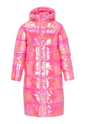 Pufferjack in glanzend, iriserend roze. Heeft een capuchon, een gestikt ontwerp, een rits aan de voorkant en drukknoopjes aan de zijkanten. Soepele textuur.
