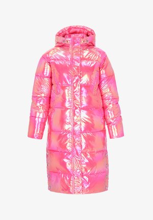 Pufferjack in glanzend, iriserend roze. Heeft een capuchon, een gestikt ontwerp, een rits aan de voorkant en drukknoopjes aan de zijkanten. Soepele textuur.