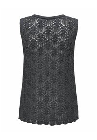 Top grigio lavorato a maglia senza maniche con un delicato motivo in pizzo, scollatura tonda e dettagli a smerlature sull'orlo. I punti mettono in evidenza un design testurizzato.