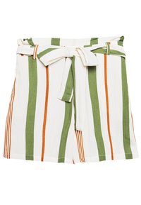 Shorts à taille élastique blancs avec des rayures verticales vertes et orange, présentant un détail de nœud cravate à l'avant et une texture de tissu léger.