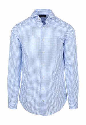 Light blue and white checkered long-sleeve button-up shirt with a pointed collar, displayed on a plain white background.