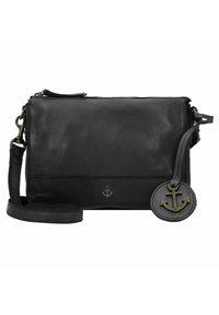 Borsa a tracolla in pelle nera con chiusura a zip, finitura testurizzata, emblema a forma di ancora e ciondolo circolare staccabile.