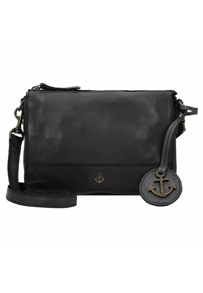 Borsa a tracolla in pelle nera con chiusura a zip, finitura testurizzata, emblema a forma di ancora e ciondolo circolare staccabile.