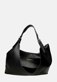 Borsa a spalla nera in pelle con finitura testurizzata, forma curvata, tracolla regolabile e tasca interna con zip. Logo all'interno.